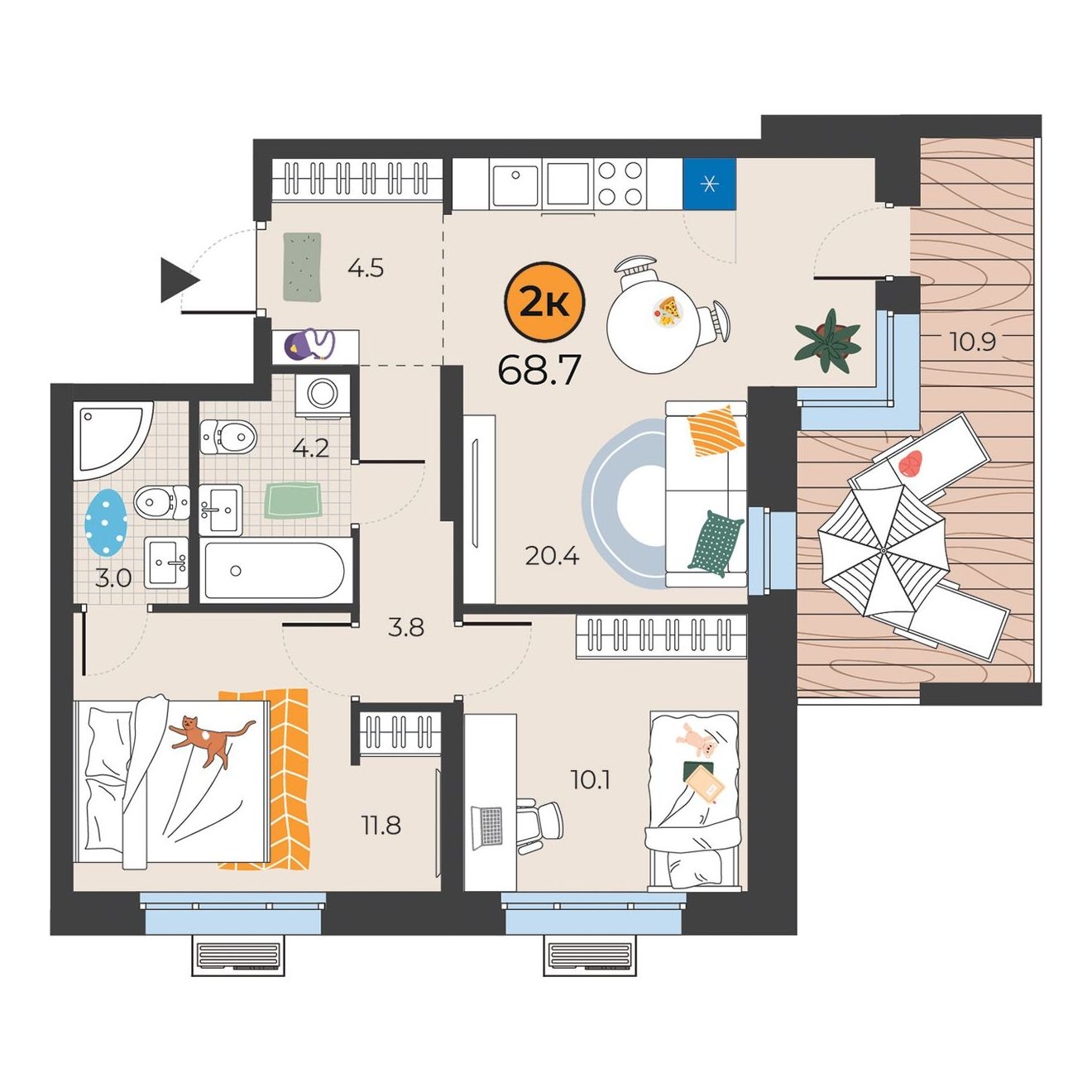 Планировка: Евротрешка 61.1 м² в ЖК Корней, Южный