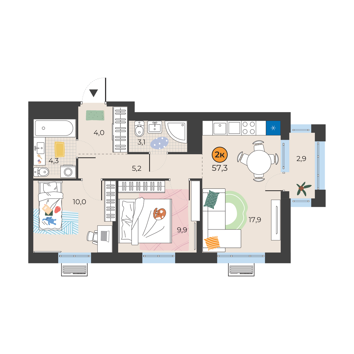 Планировка: Евротрешка 55.3 м² в ЖК Корней, Южный