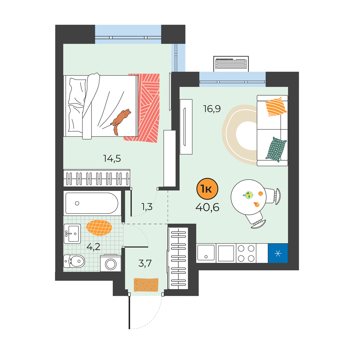 Планировка: Евродвушка 40.6 м² в ЖК Корней, Южный