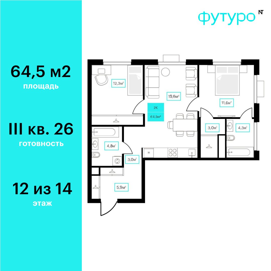 Планировка: Евротрешка 64.5 м² в ЖК Futuro, Червишевский тракт