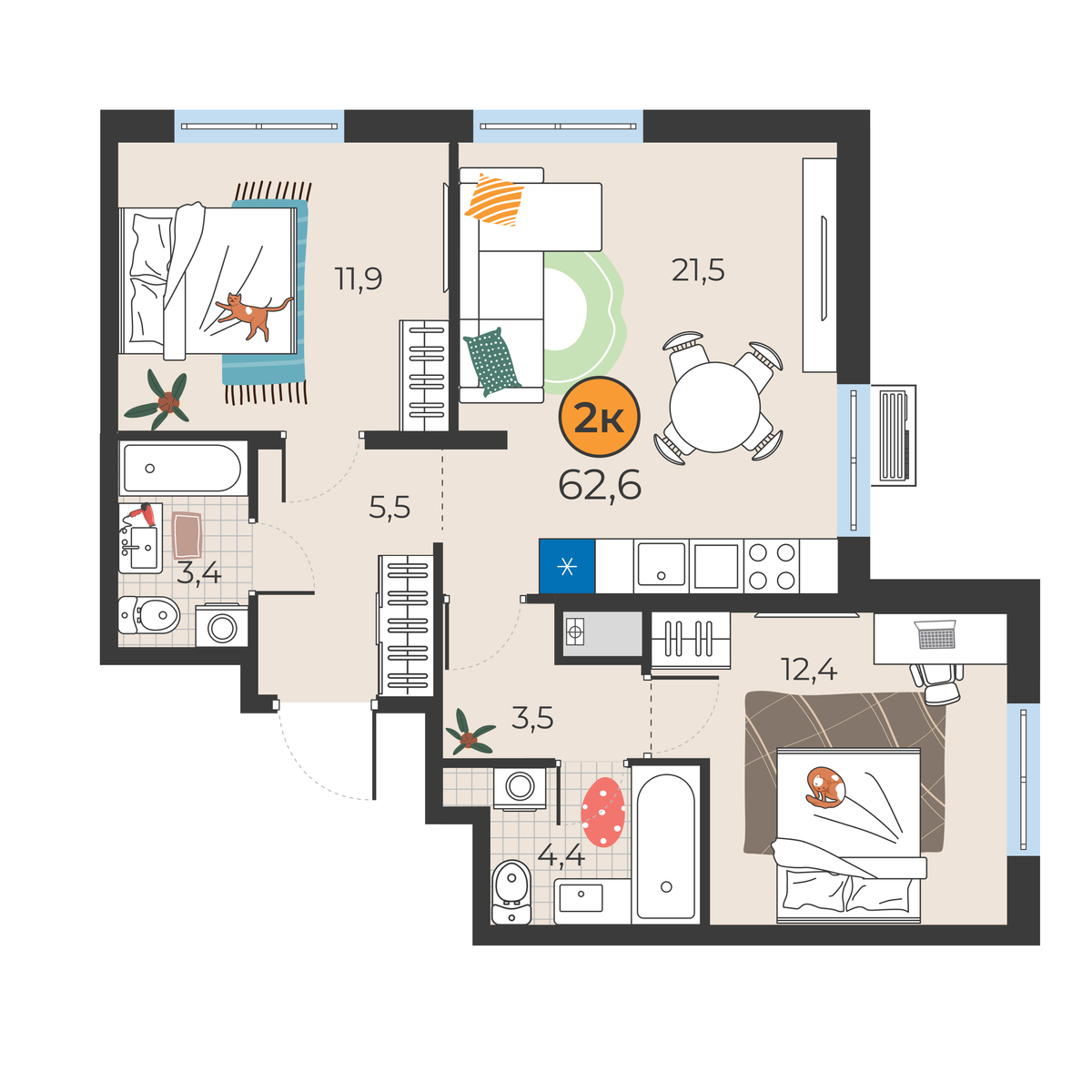 Планировка: Евротрешка 62.6 м² в ЖК Корней, Южный