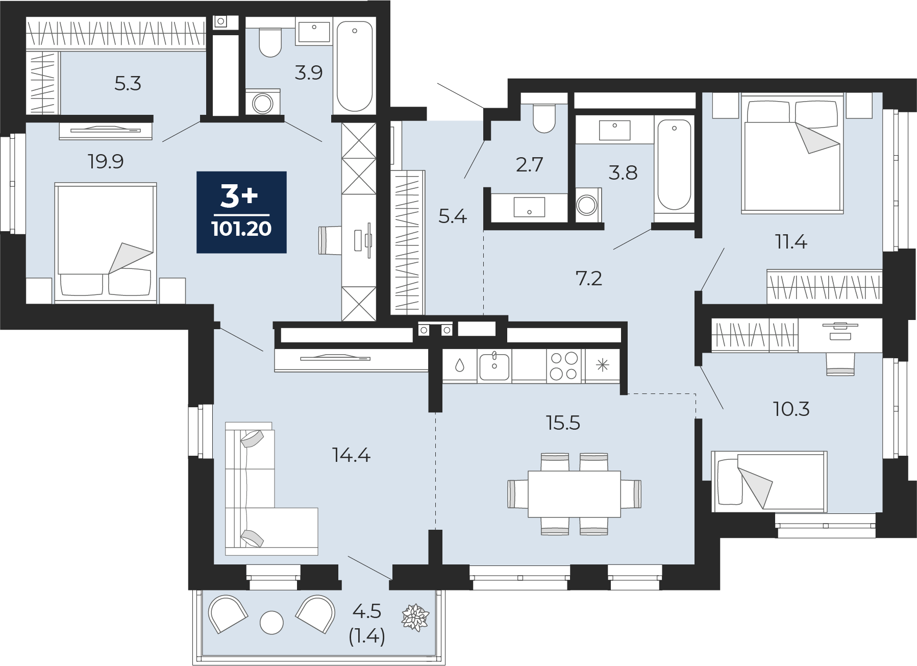 Планировка: 4-комнатная евро 99.8 м² в ЖК Мириады, Мыс