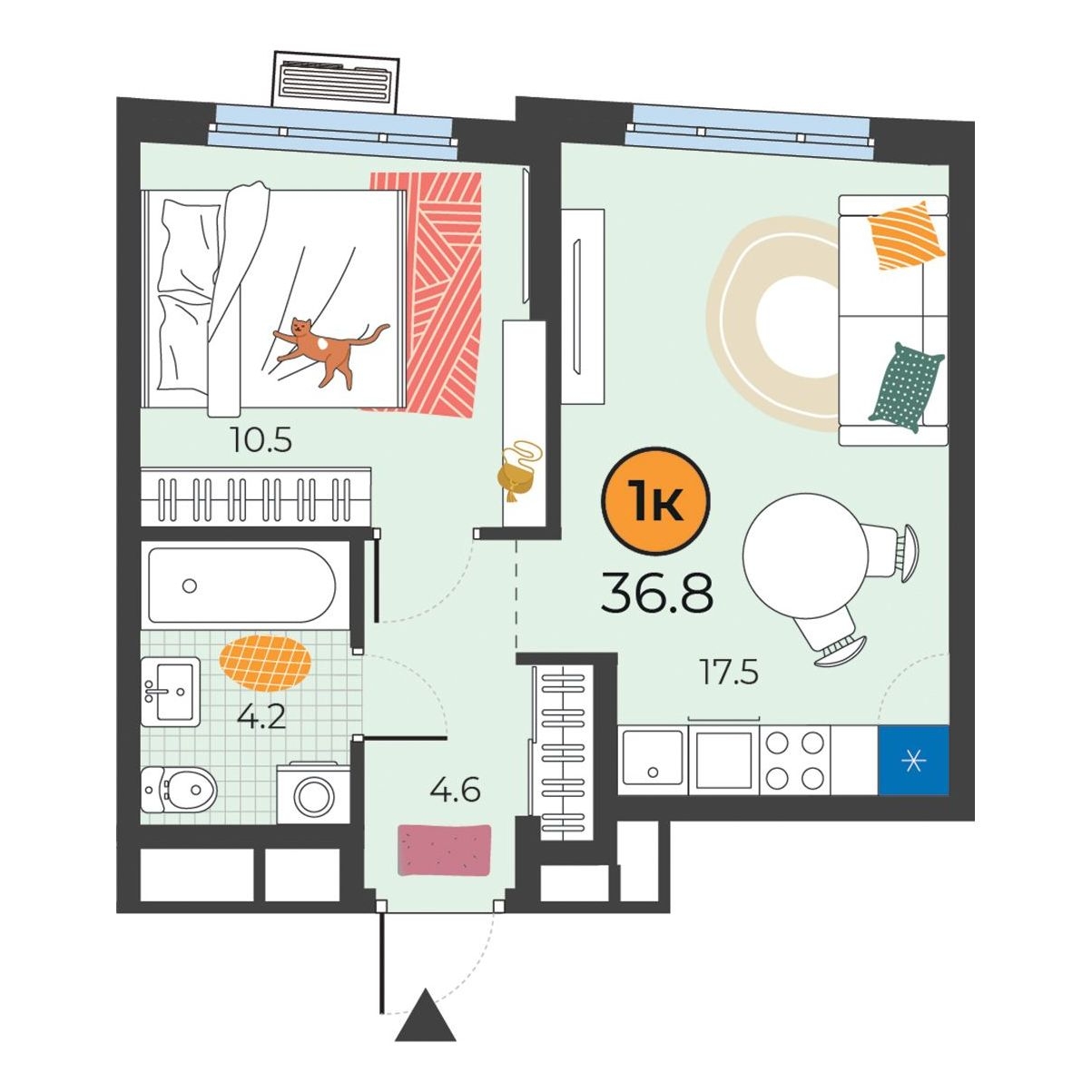 Планировка: Евродвушка 36.8 м² в ЖК Корней, Южный