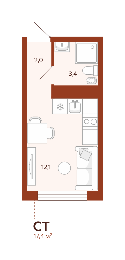 Планировка: Студия 17.4 м² в ЖК Новатор, Центр: КПД