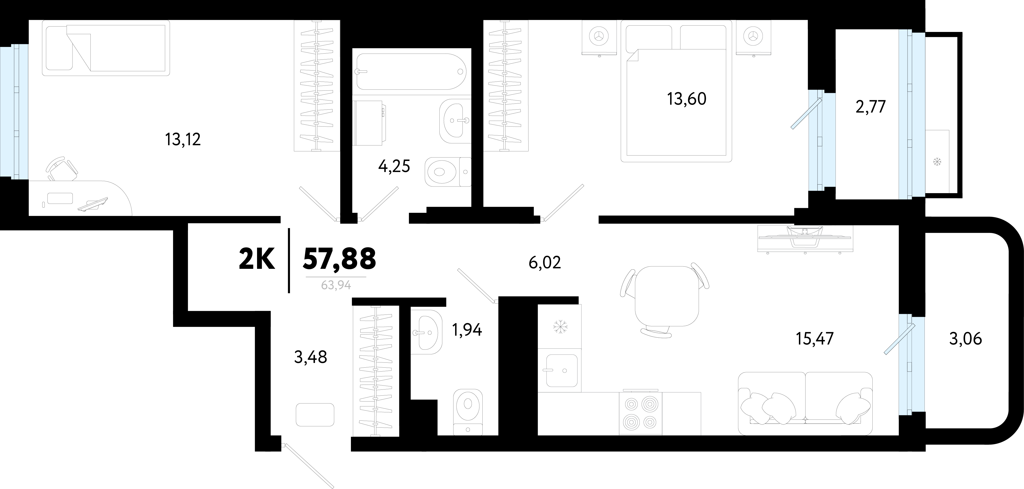 Планировка: Евротрешка 57.9 м² в ЖК Символ, Комарово Парк
