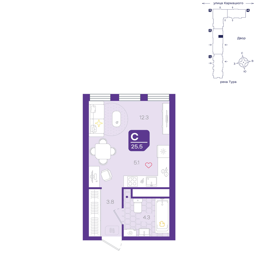 Планировка: Студия 25.5 м² в ЖК Космо, 5-й Заречный