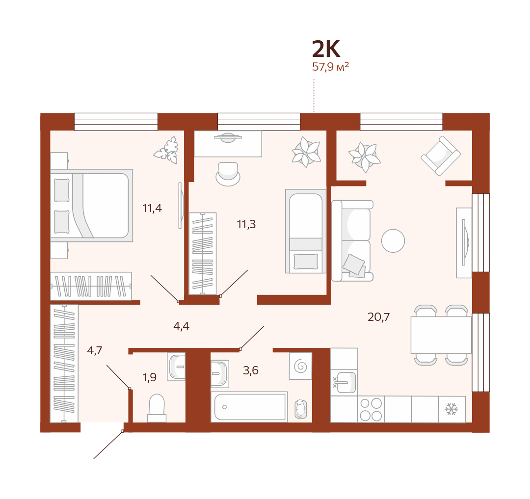 Планировка: Евротрешка 57.9 м² в ЖК Новатор, Центр: КПД