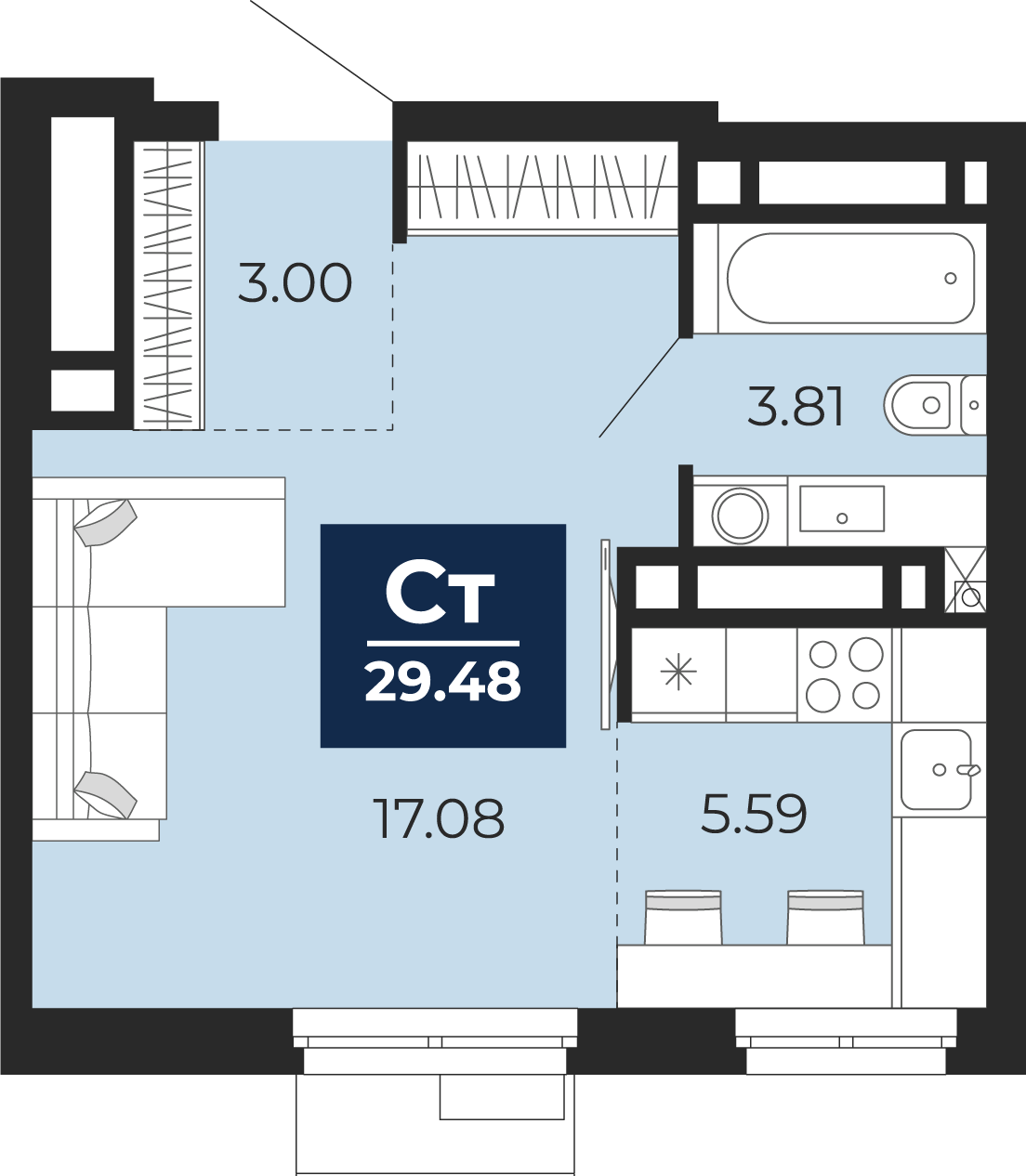 Планировка: Студия 29.5 м² в ЖК Айвазовский, 5-й Заречный