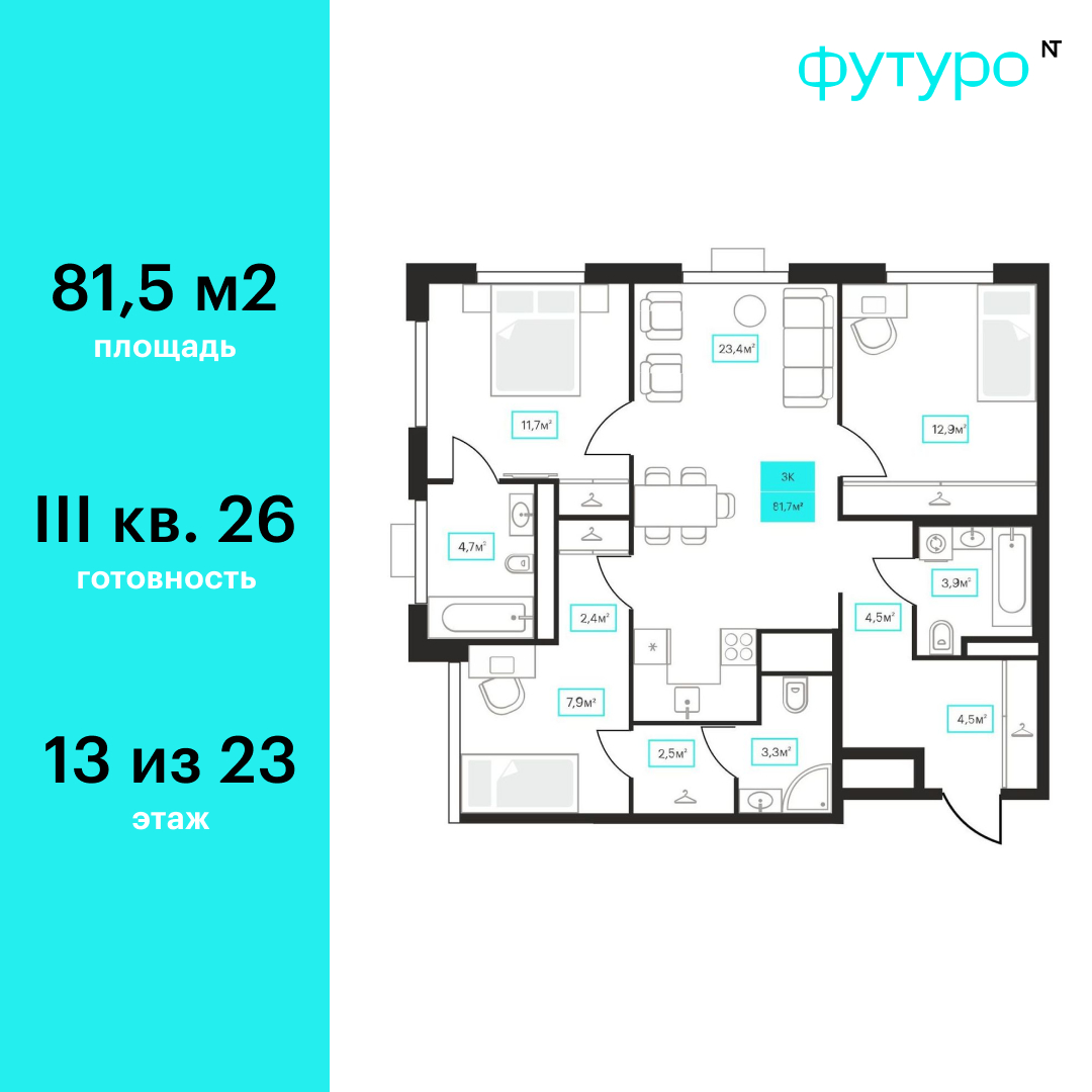Планировка: 4-комнатная евро 81.7 м² в ЖК Futuro, Червишевский тракт