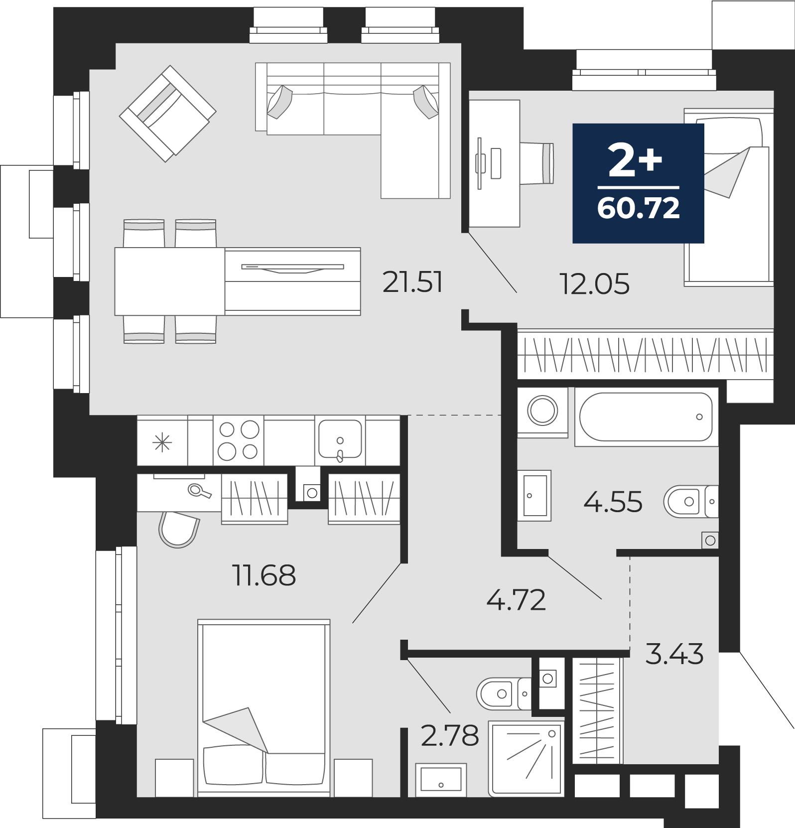 Планировка: Евротрешка 60.7 м² в ЖК Айвазовский, 5-й Заречный