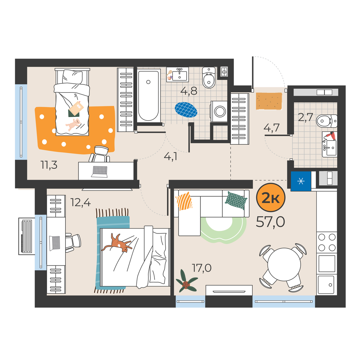 Планировка: Евротрешка 57 м² в ЖК Корней, Южный