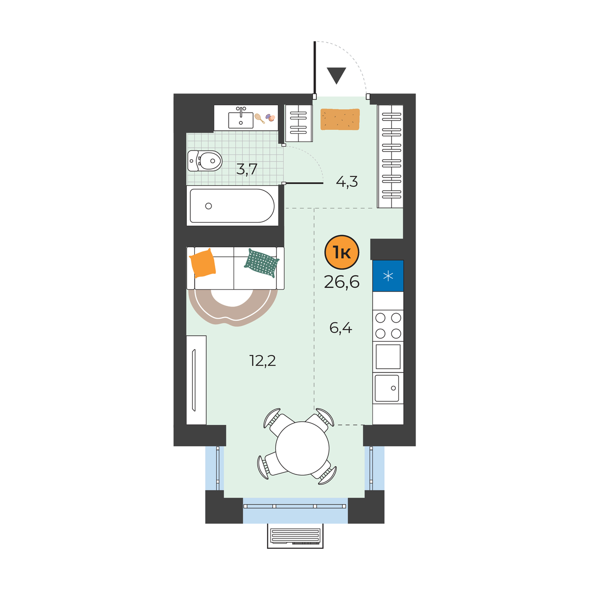 Планировка: Студия 26.6 м² в ЖК Корней, Южный