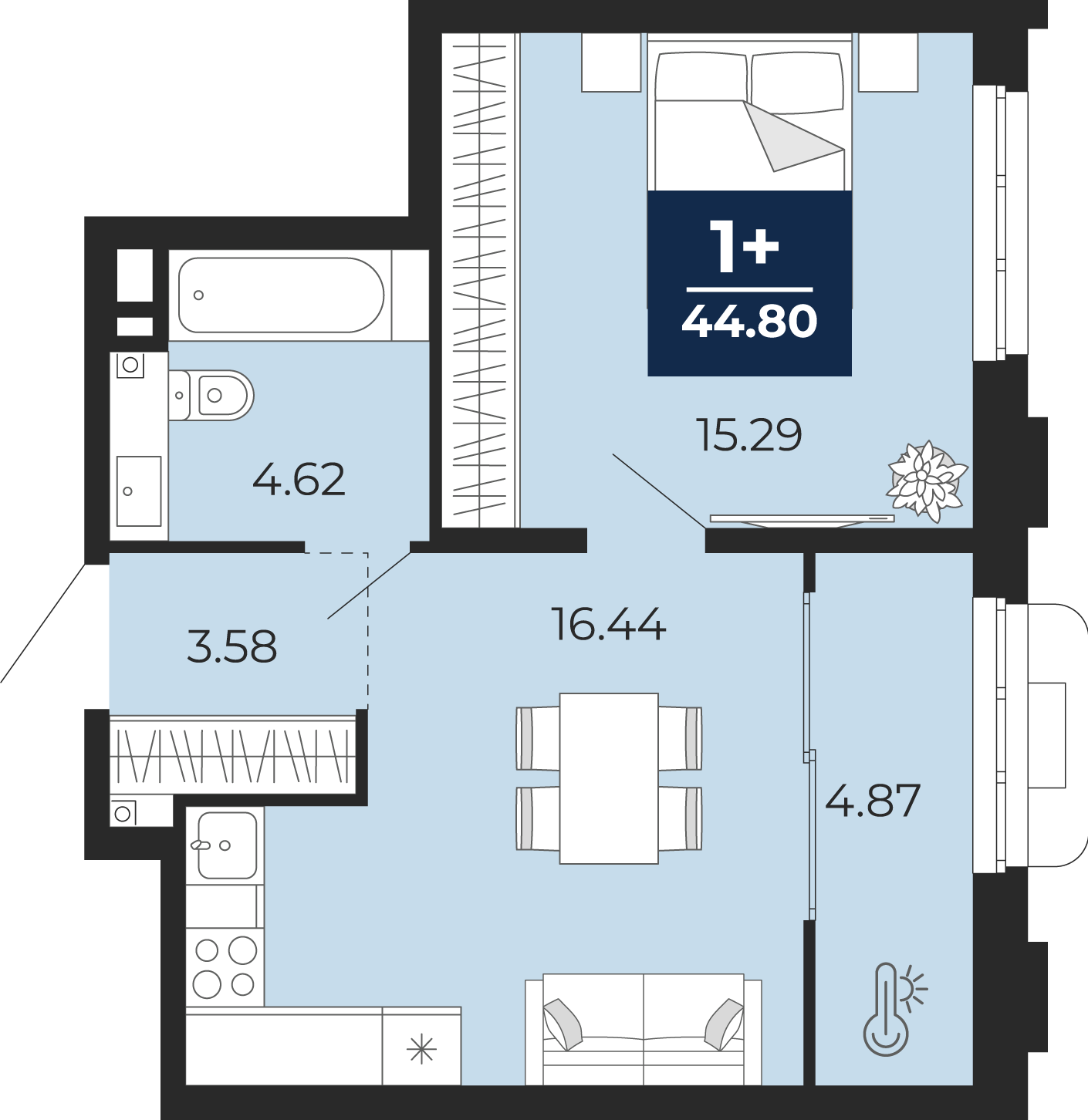 Планировка: Евродвушка 44.8 м² в ЖК Айвазовский, 5-й Заречный