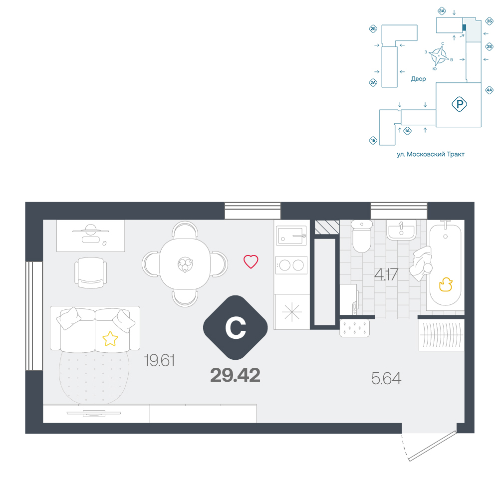 Планировка: Студия 29.4 м² в ЖК Сибирский, Московский тракт