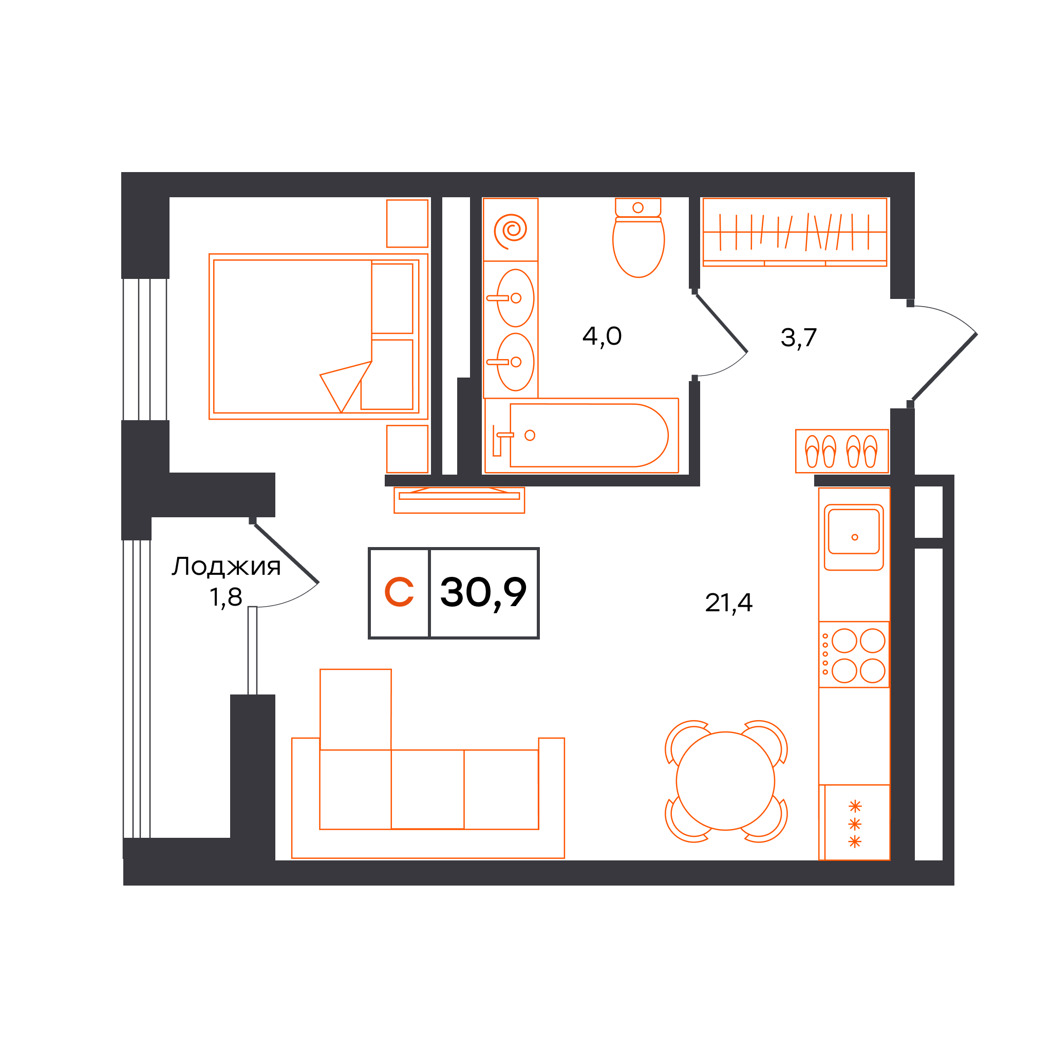 Планировка: Студия 30.9 м² в ЖК Чемпионский, Чемпионский