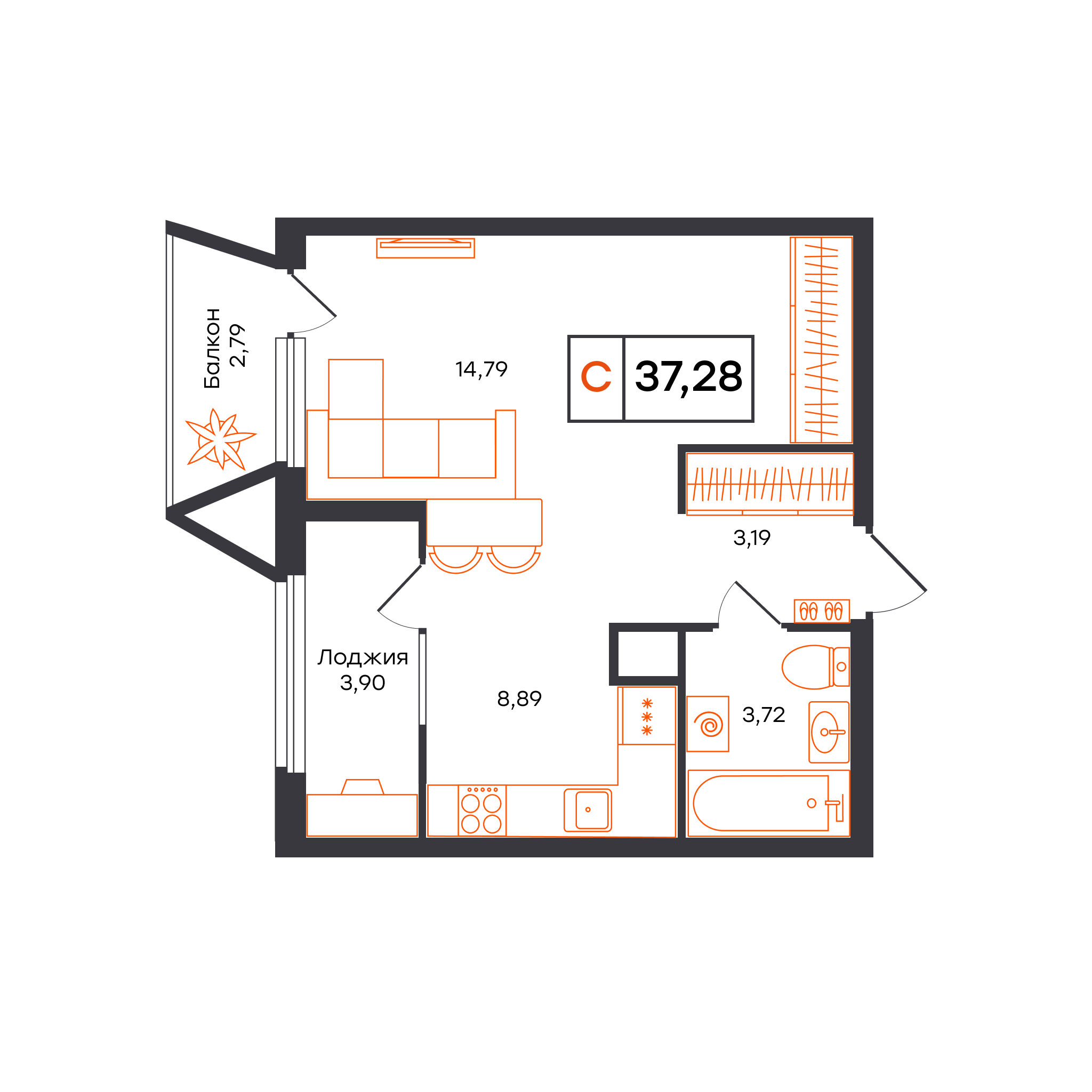 Планировка: Студия 37.3 м² в ЖК Отличие, Комарово Парк