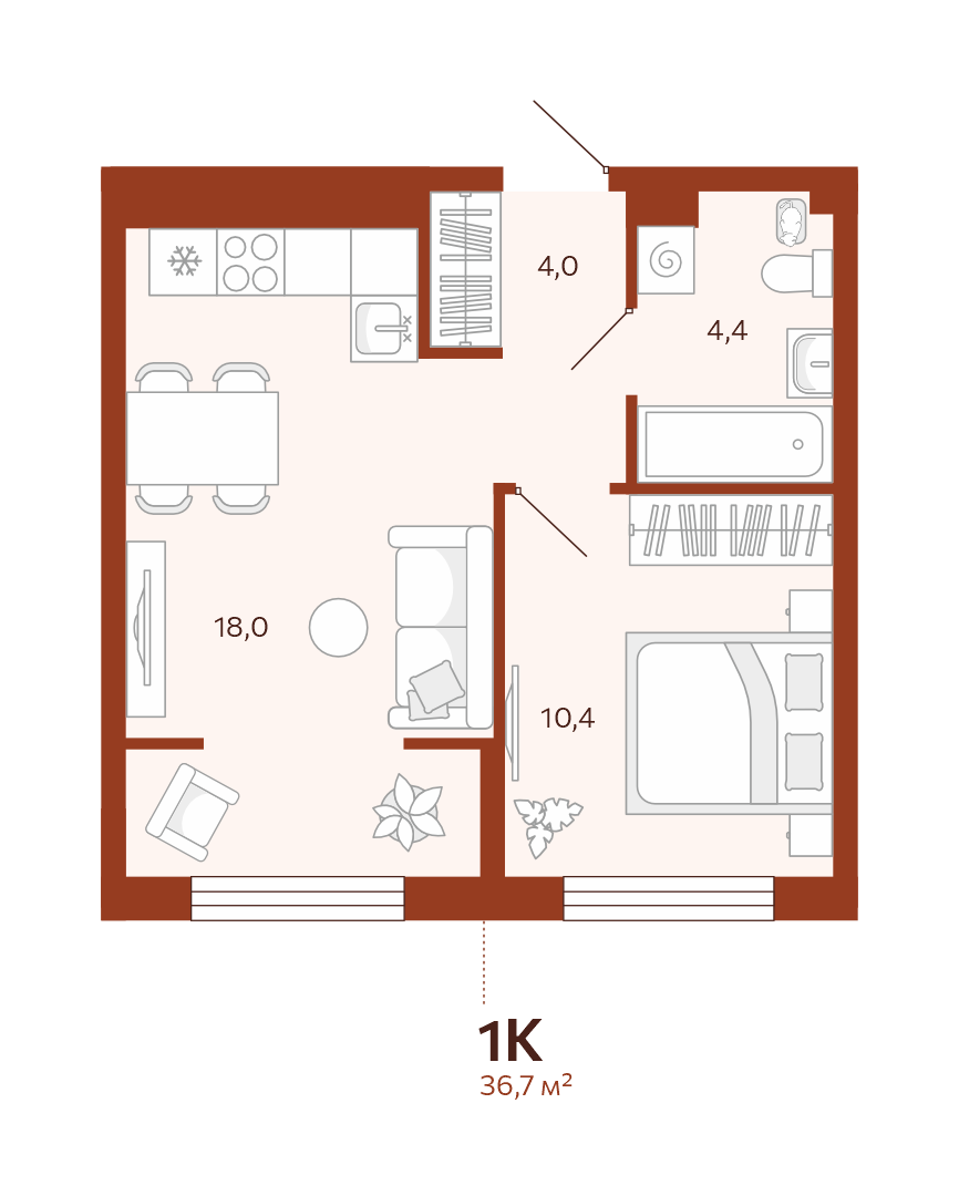 Планировка: Евродвушка 36.7 м² в ЖК Новатор, Центр: КПД
