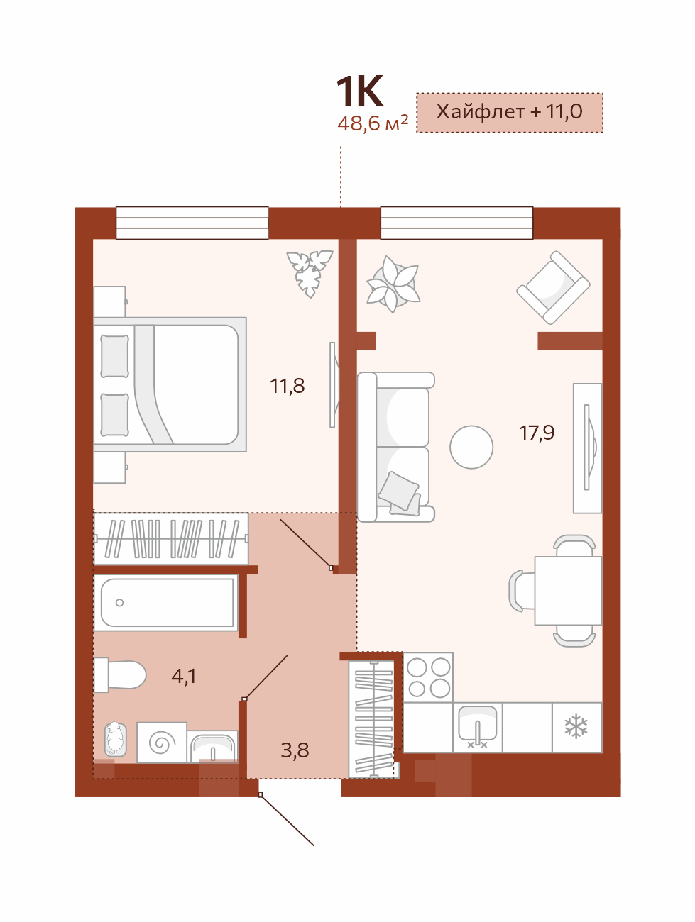 Планировка: Евродвушка 37.6 м² в ЖК Новатор, Центр: КПД