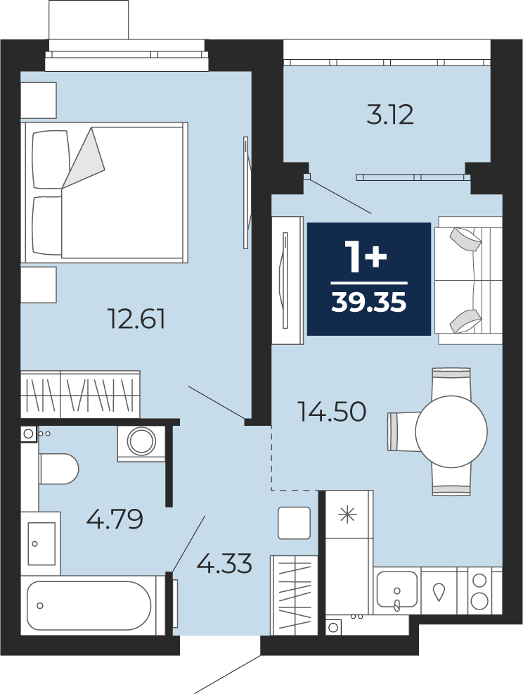 Планировка: Евродвушка 36.2 м² в ЖК Прео, Тюменская слобода