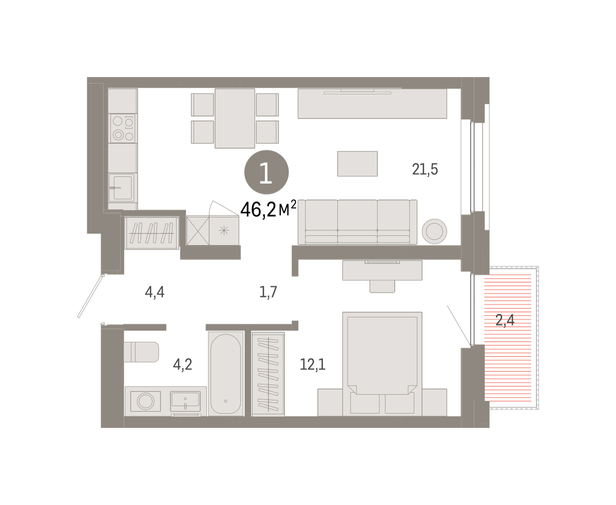 Планировка: Евродвушка 46.2 м² в ЖК Зарека, Заречный