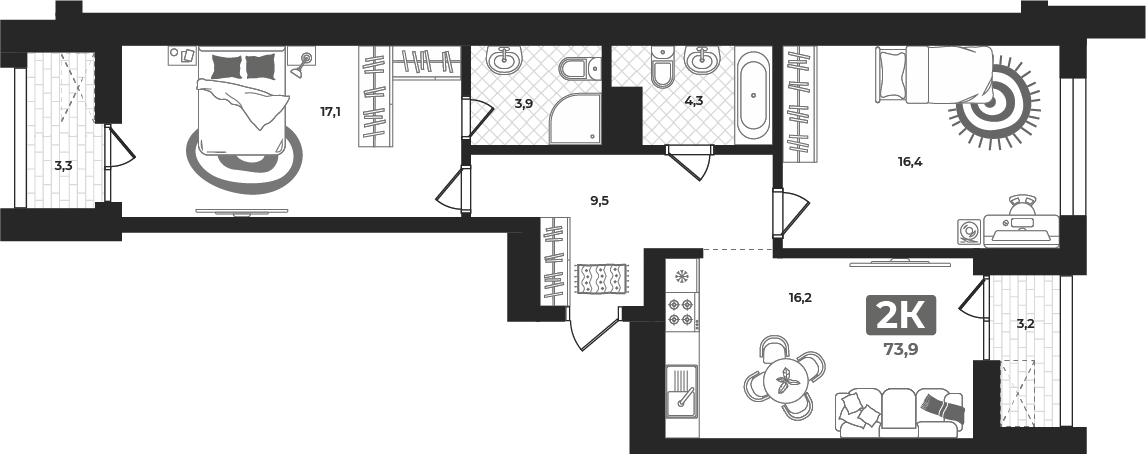 Планировка: Евротрешка 73.9 м² в ЖК Маэстро, 5-й Заречный