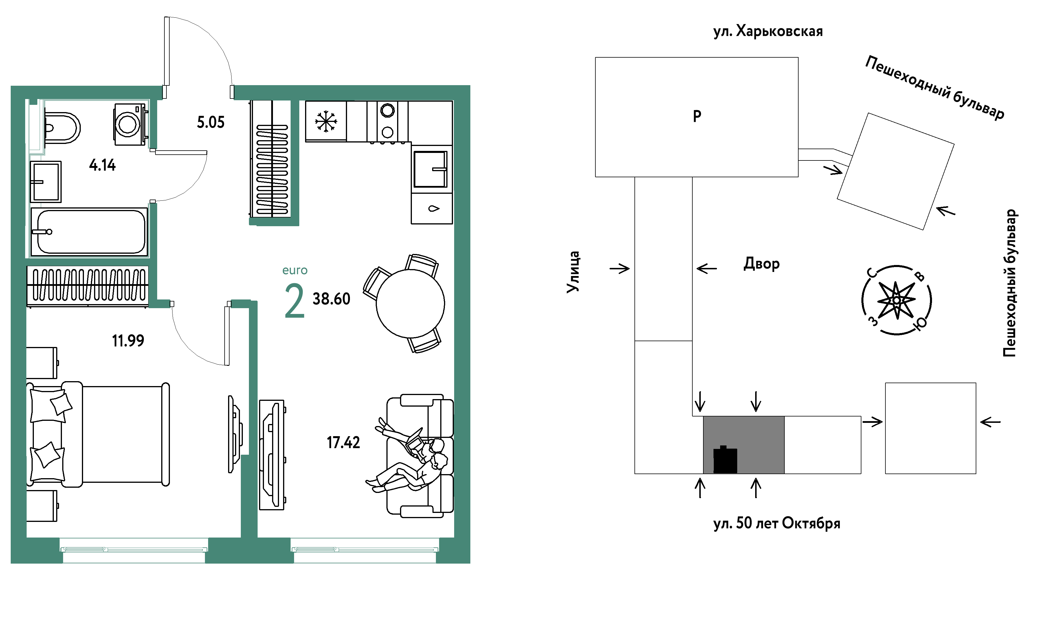 Планировка: Евродвушка 38.6 м² в ЖК Сердце Сибири, Центр: КПД