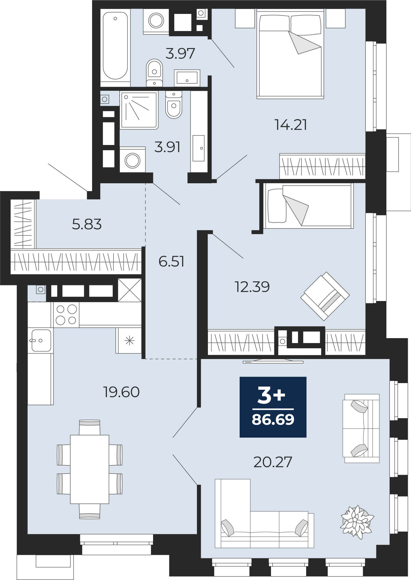 Планировка: 4-комнатная евро 86.7 м² в ЖК Айвазовский, 5-й Заречный