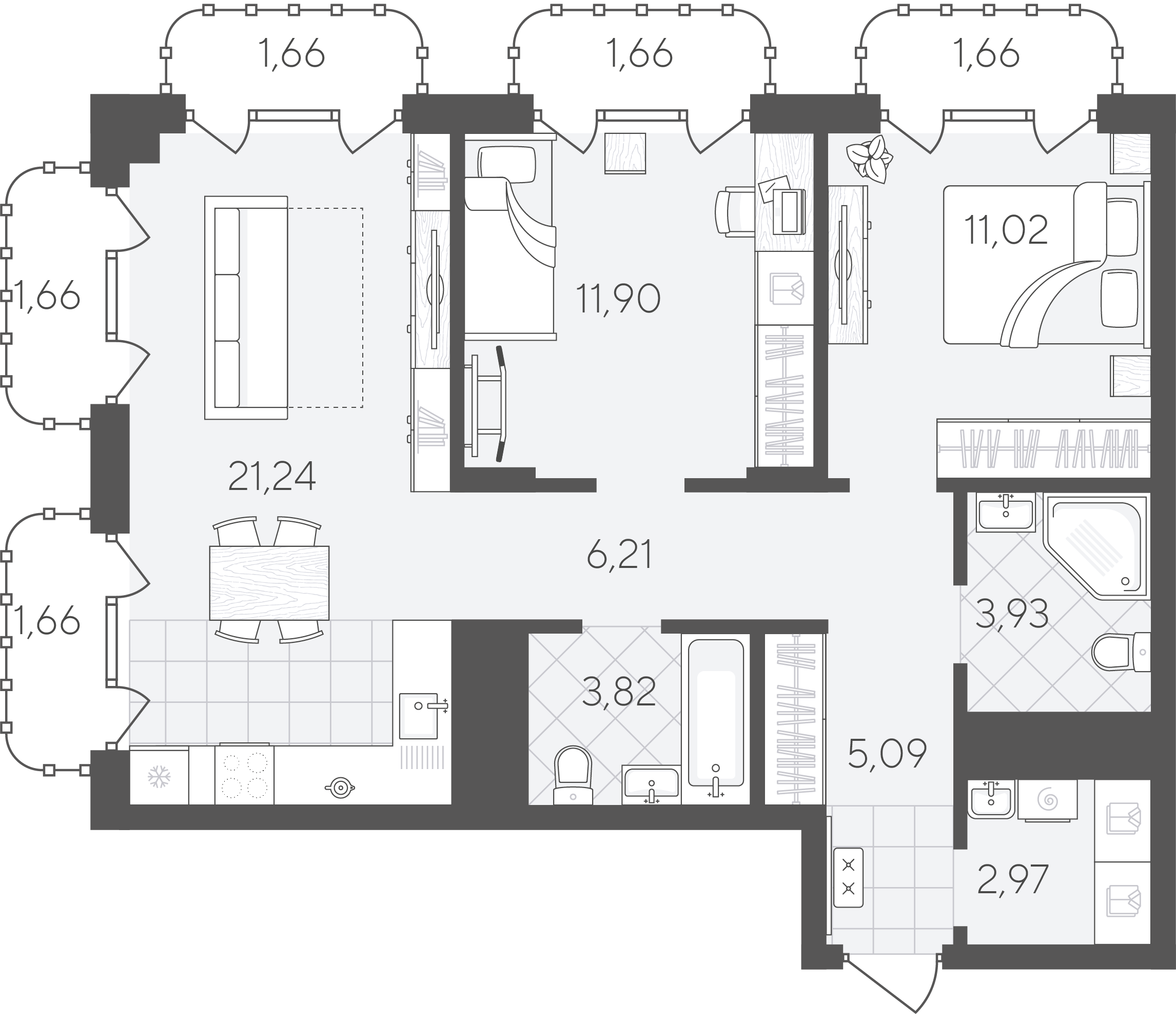 Планировка: Евротрешка 74.5 м² в ЖК Скандиа. Квартал в Слободе, Тюменская слобода