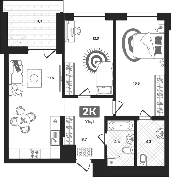 Планировка: Евротрешка 73.1 м² в ЖК Маэстро, 5-й Заречный