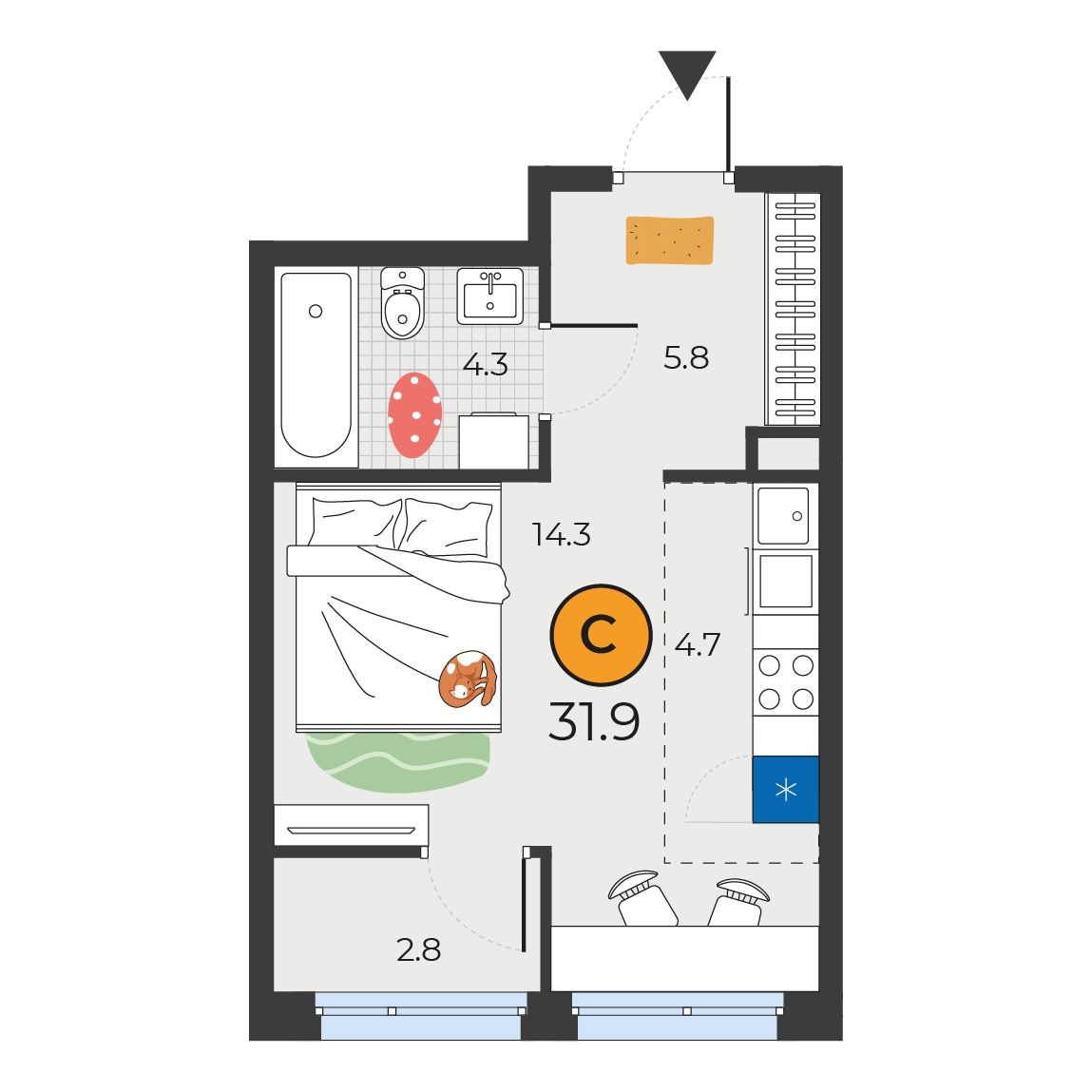 Планировка: Студия 31.9 м² в ЖК Корней, Южный