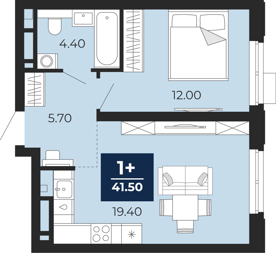 Планировка: Евродвушка 41.5 м² в ЖК Айвазовский, 5-й Заречный