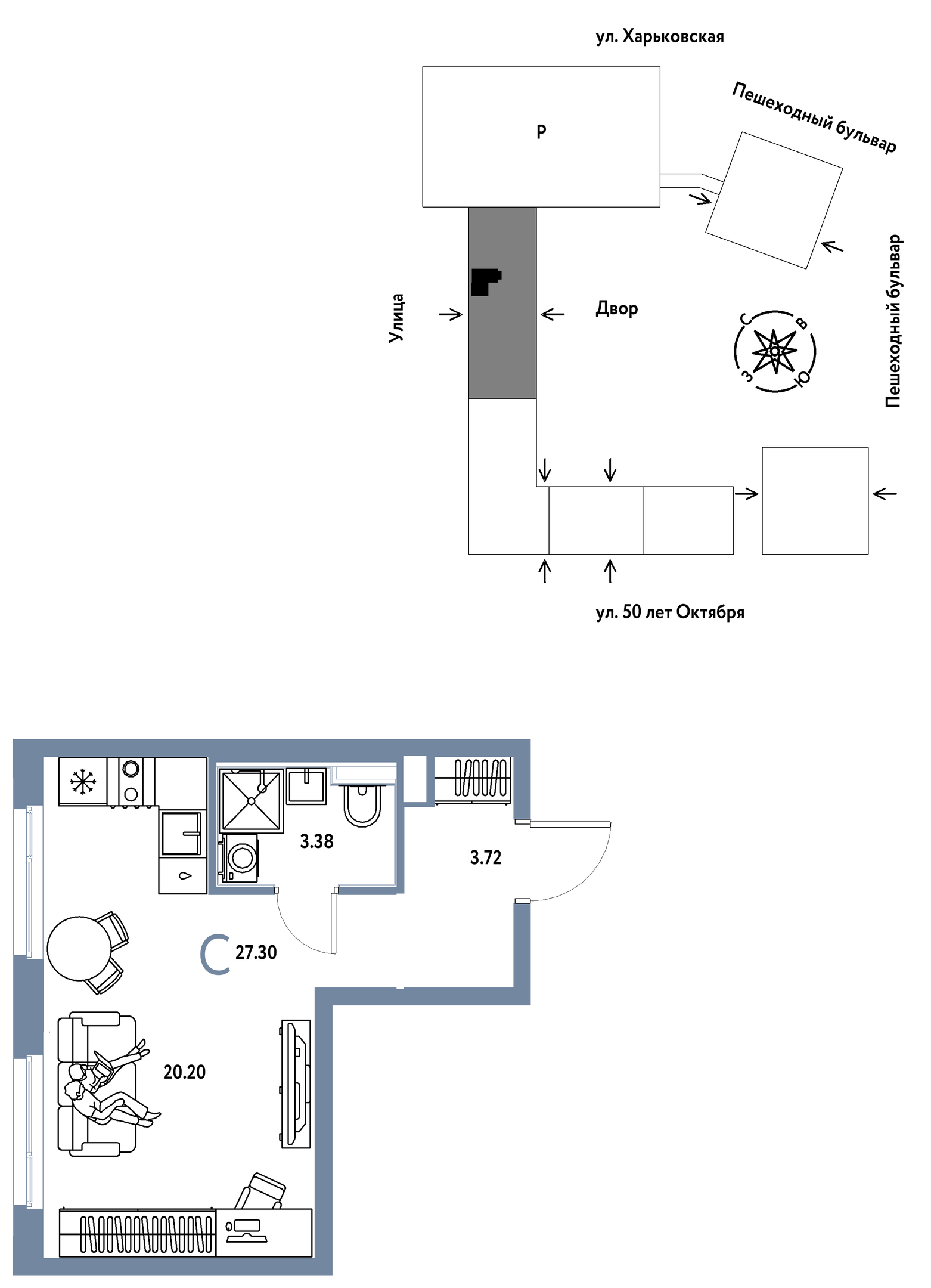 Планировка: Студия 27.3 м² в ЖК Сердце Сибири, Центр: КПД
