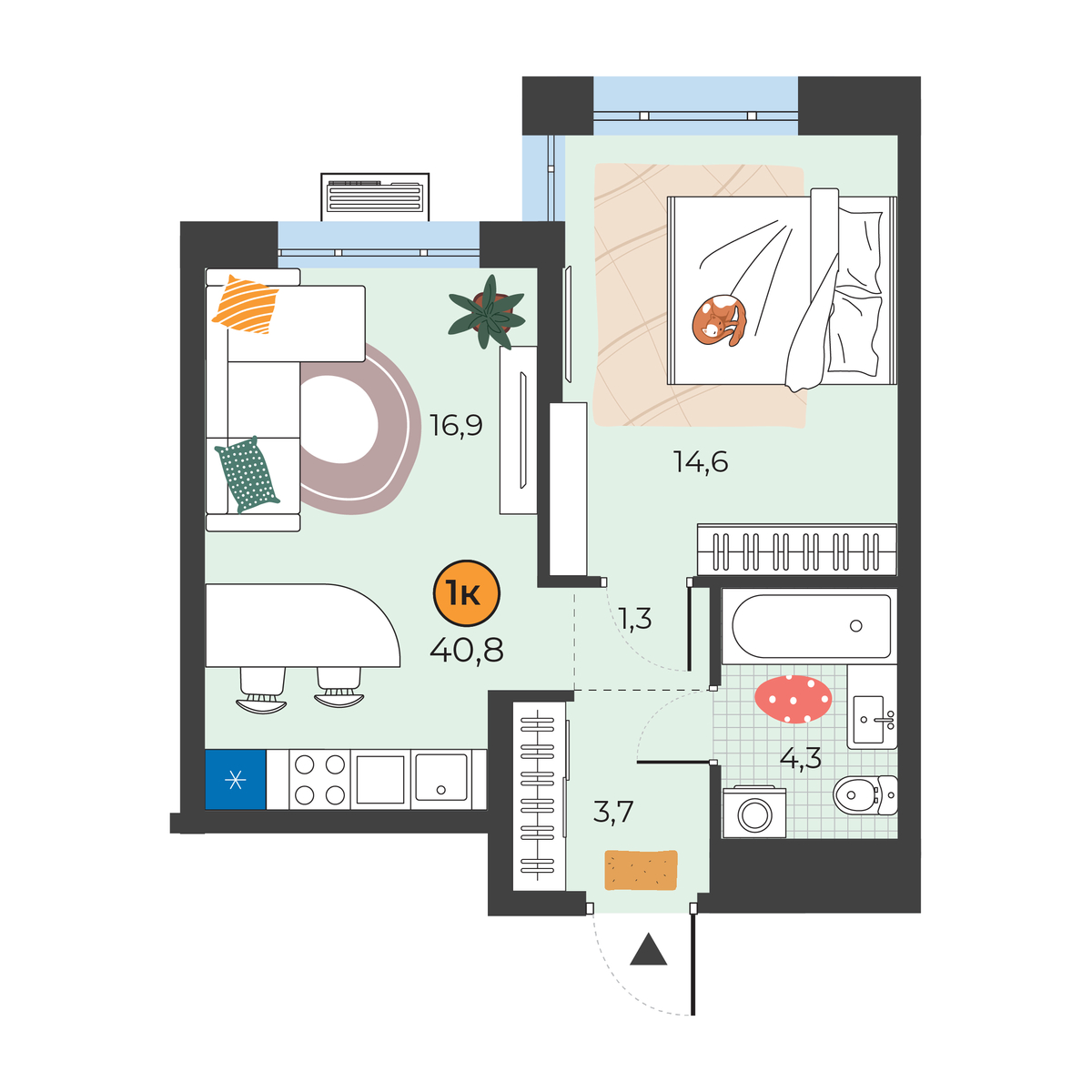 Планировка: Евродвушка 40.8 м² в ЖК Корней, Южный