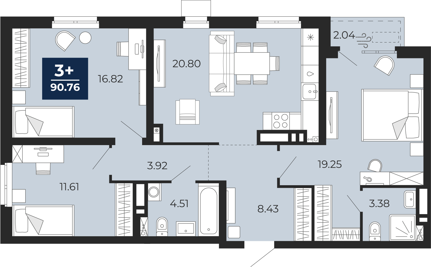 Планировка: 4-комнатная евро 88.7 м² в ЖК Мириады, Мыс