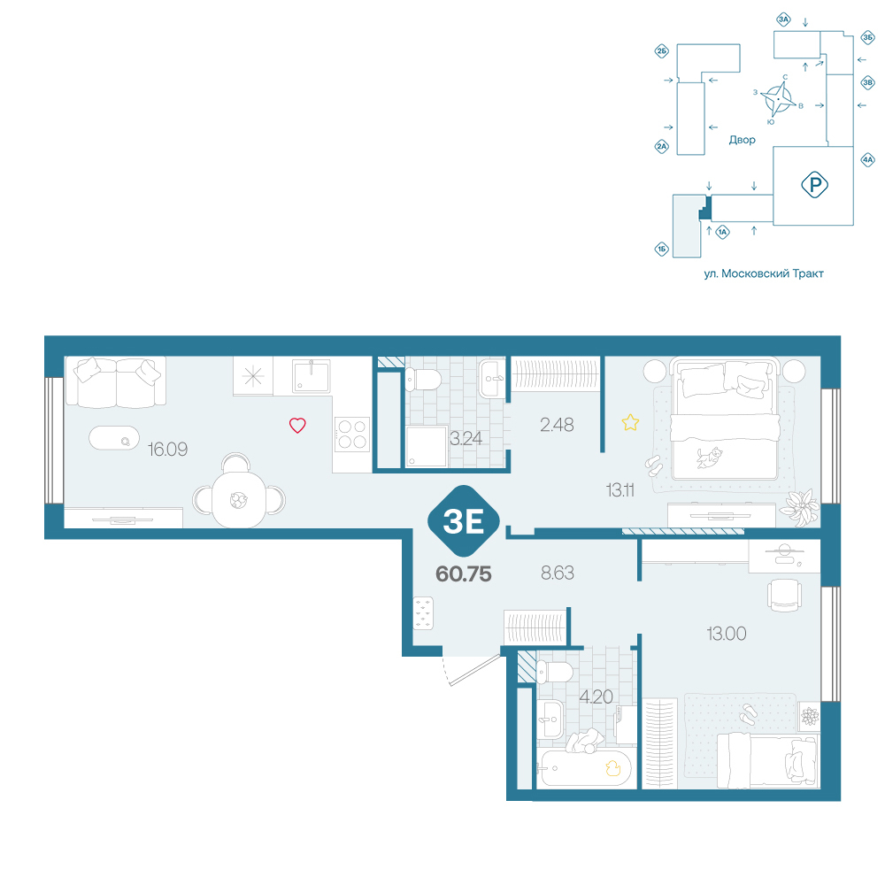 Планировка: Евротрешка 60.8 м² в ЖК Сибирский, Московский тракт