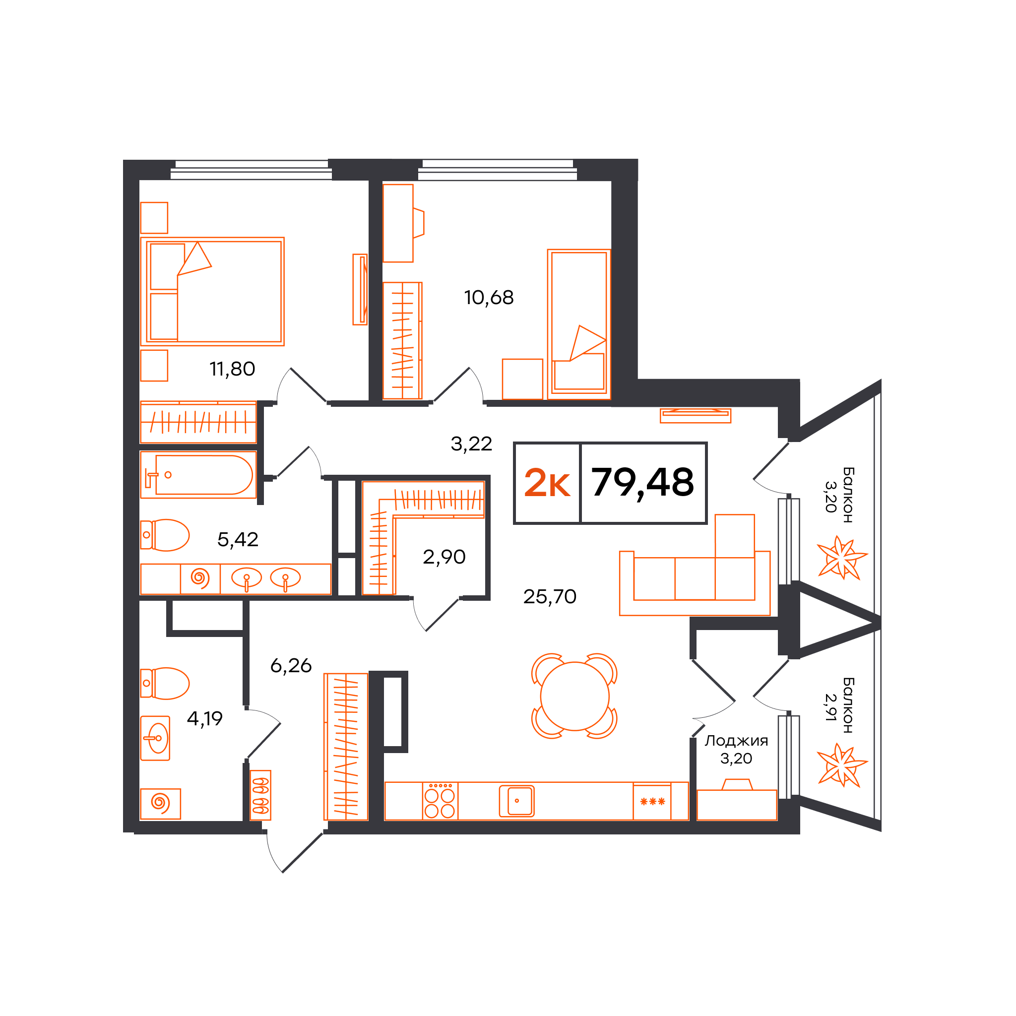 Планировка: Евротрешка 79.5 м² в ЖК Отличие, Комарово Парк