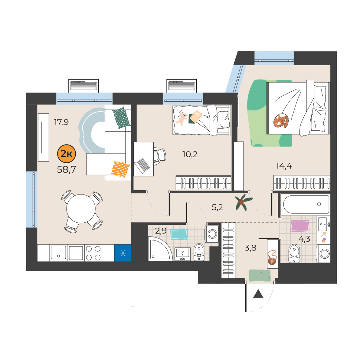 Планировка: Евротрешка 58.7 м² в ЖК Корней, Южный