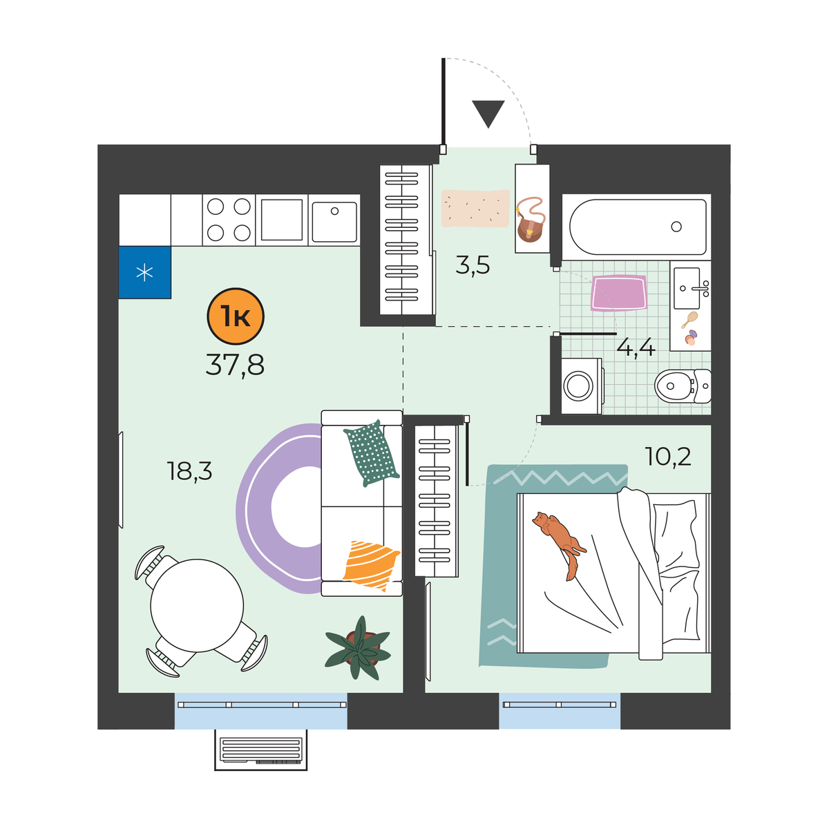 Планировка: Евродвушка 37.8 м² в ЖК Корней, Южный