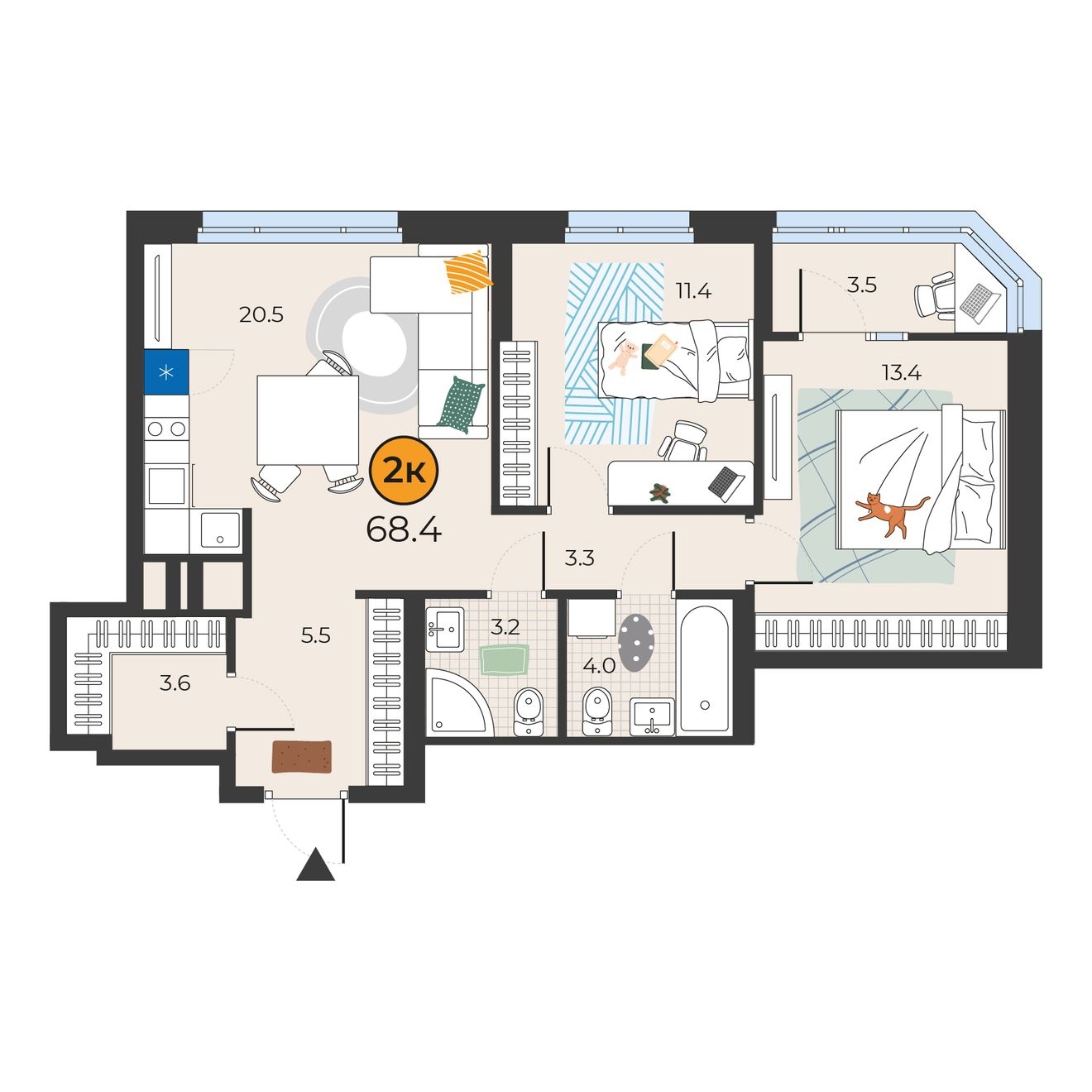 Планировка: Евротрешка 68.4 м² в ЖК Корней, Южный