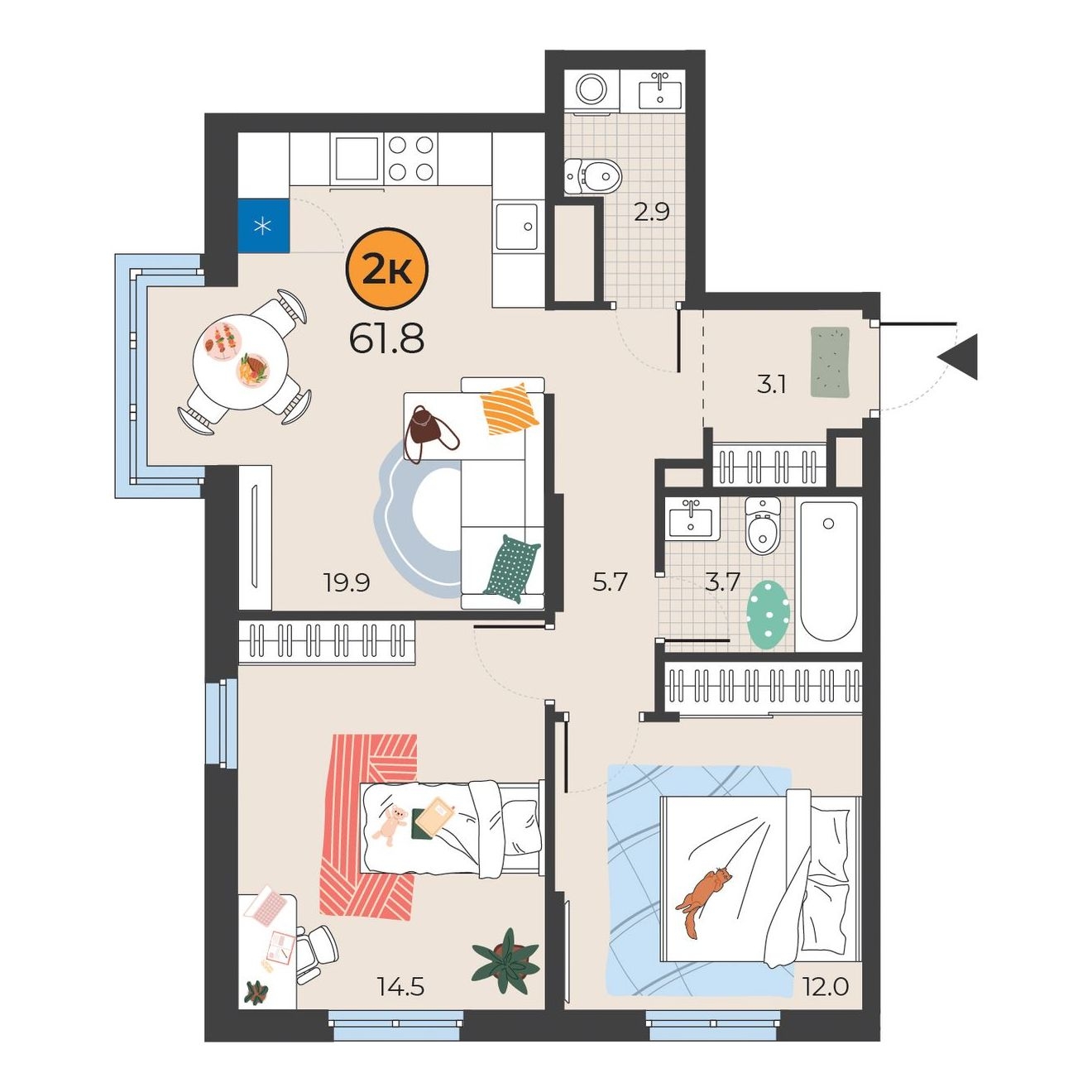 Планировка: Евротрешка 61.8 м² в ЖК Корней, Южный