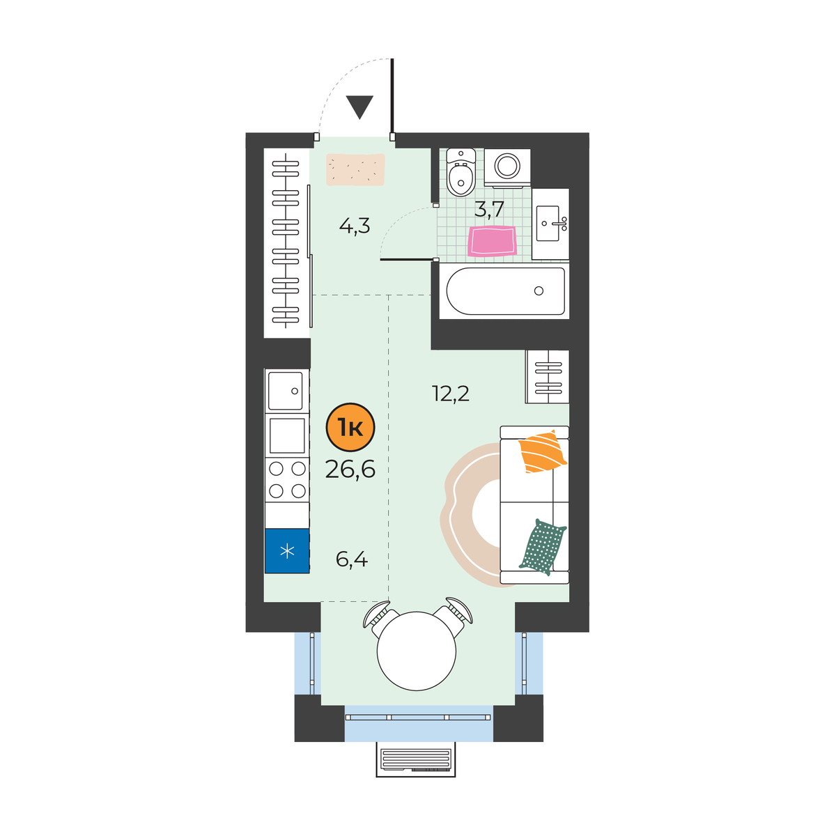 Планировка: Студия 26.6 м² в ЖК Корней, Южный