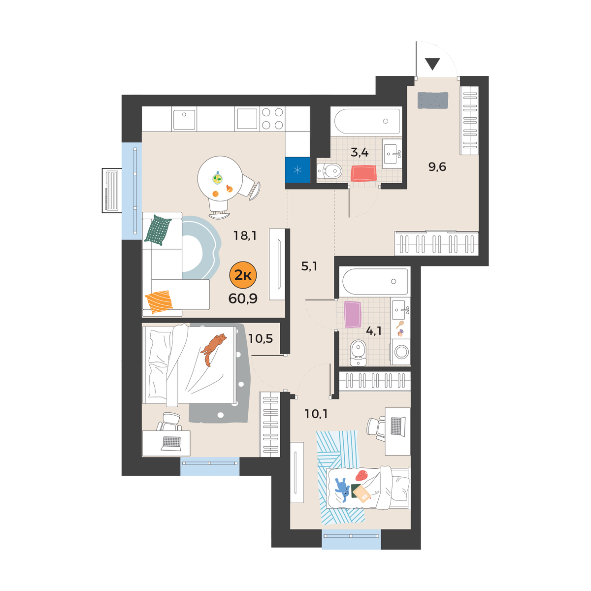 Планировка: Евротрешка 60.9 м² в ЖК Корней, Южный