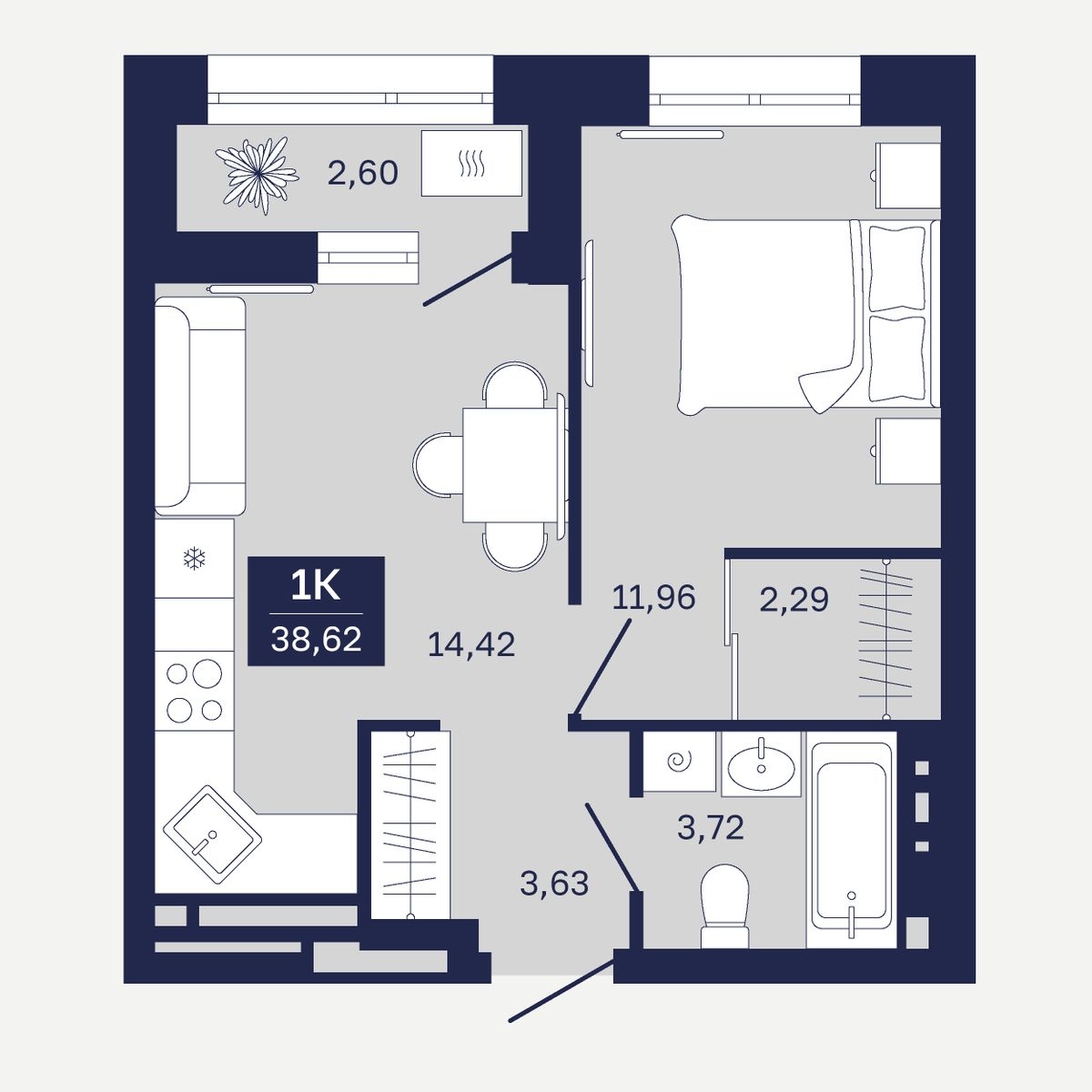 Планировка: Евродвушка 38.6 м² в ЖК Дом на Ямской, Дом Обороны