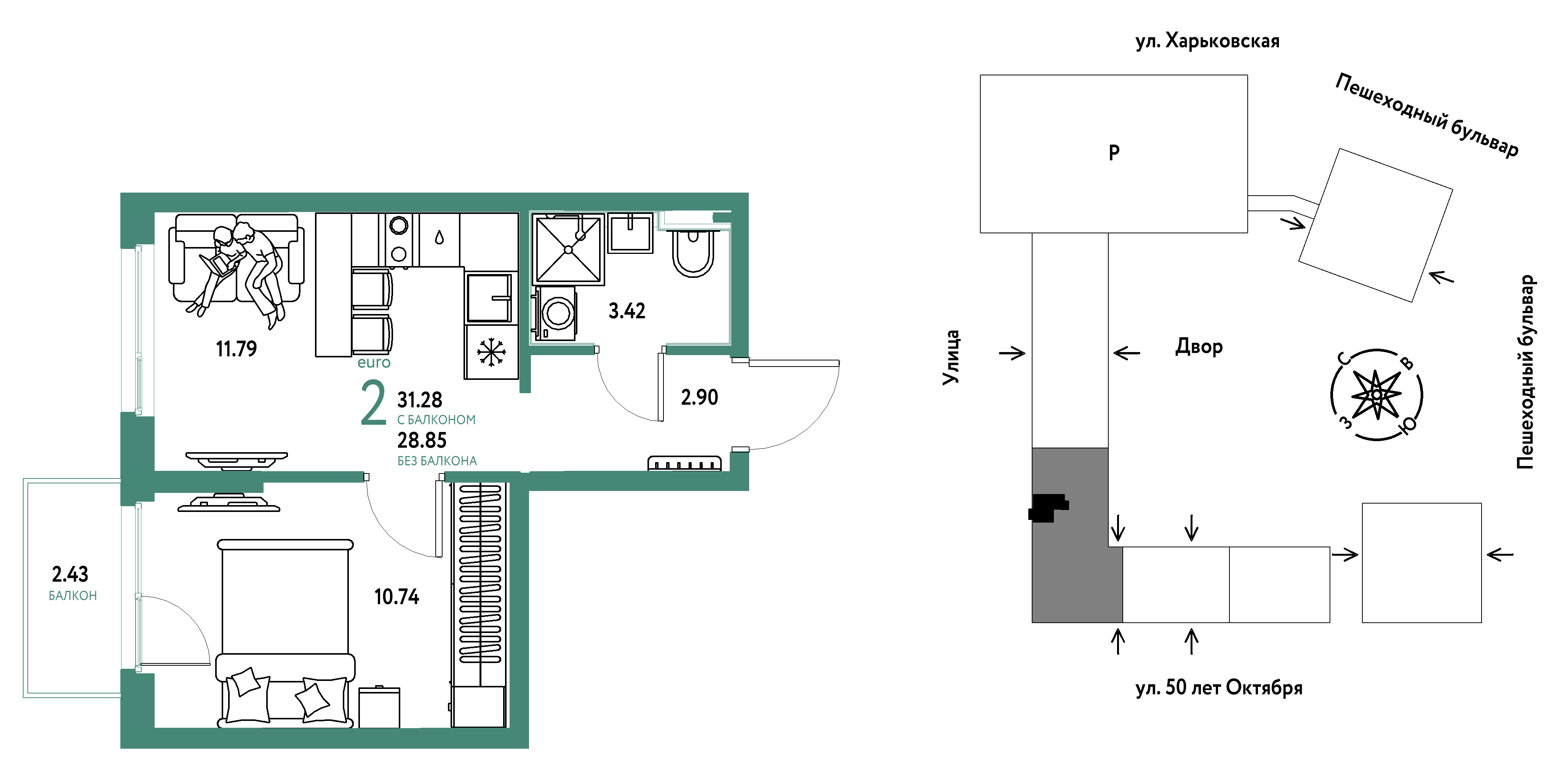 Планировка: 1-комнатная 31.3 м² в ЖК Сердце Сибири, Центр: КПД