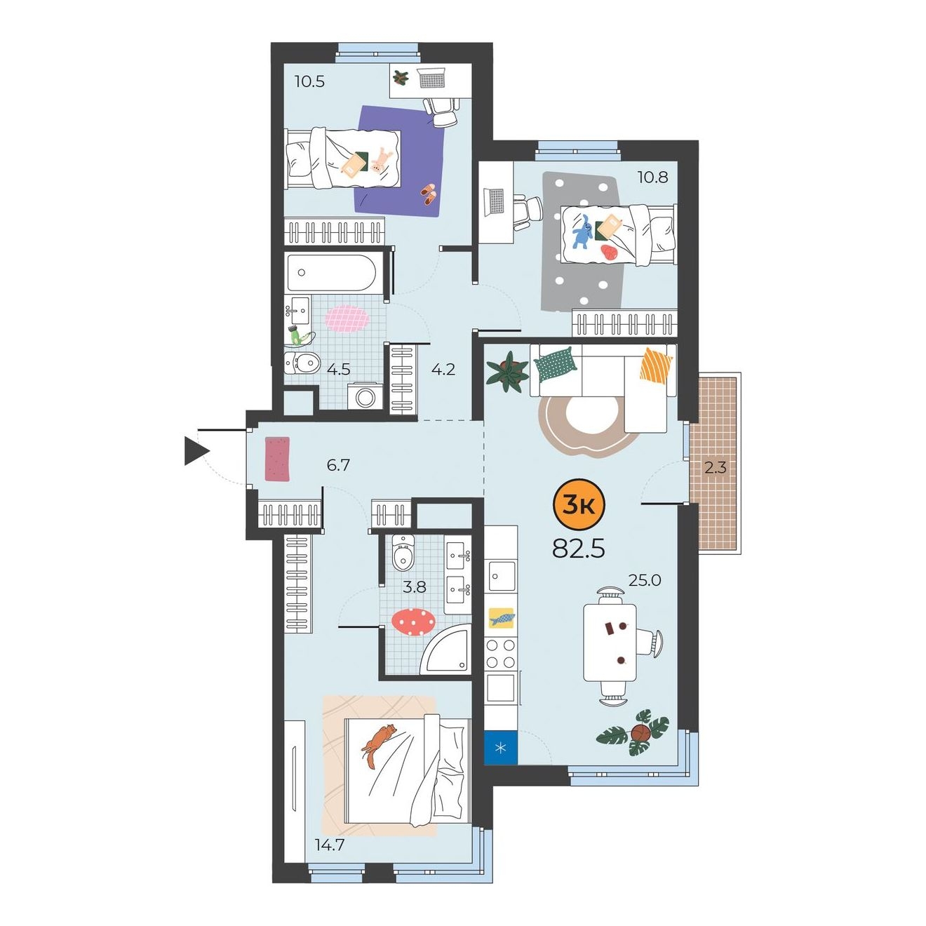 Планировка: 4-комнатная евро 81.4 м² в ЖК Корней, Южный