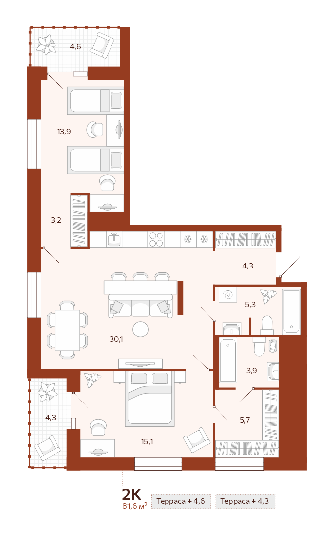 Планировка: Евротрешка 81.6 м² в ЖК Новатор, Центр: КПД