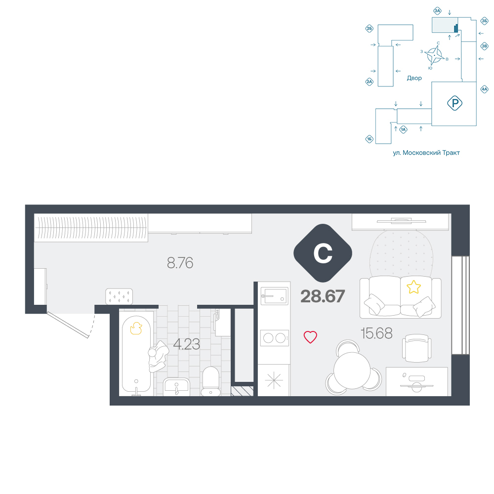 Планировка: Студия 28.7 м² в ЖК Сибирский, Московский тракт