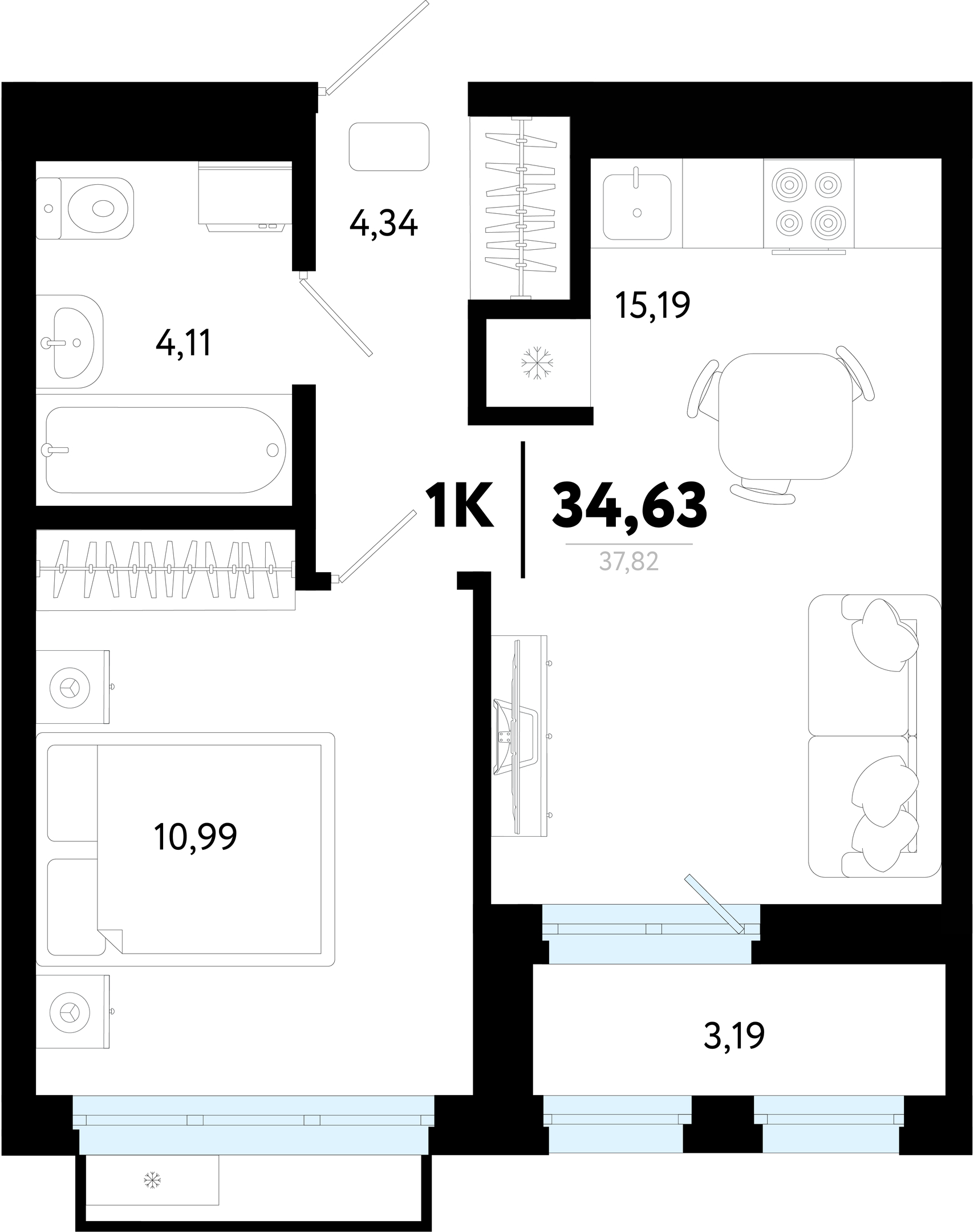 Планировка: Евродвушка 34.6 м² в ЖК Символ, Комарово Парк