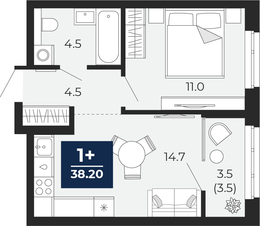 Планировка: Евродвушка 38.2 м² в ЖК Мириады, Мыс