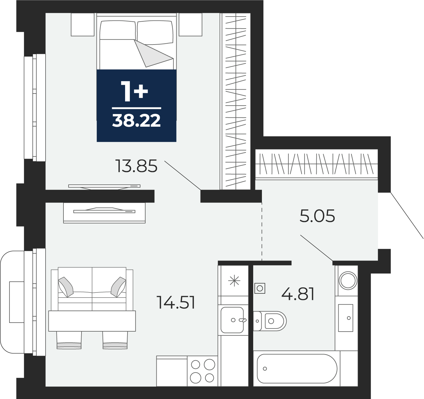 Планировка: Евродвушка 38.2 м² в ЖК Айвазовский, 5-й Заречный